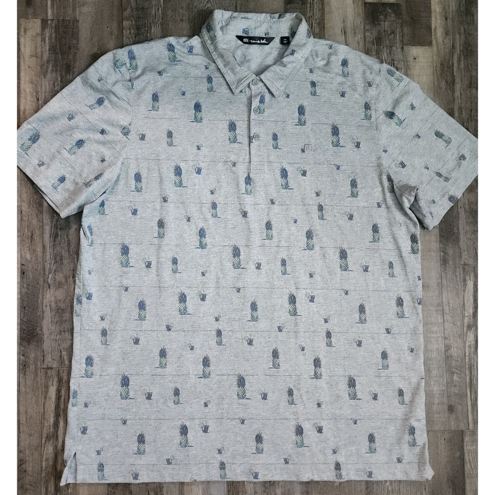 TravisMathew Polo Shirt Mens XXL Gray Pineapple Tropical Print Short Sleeve